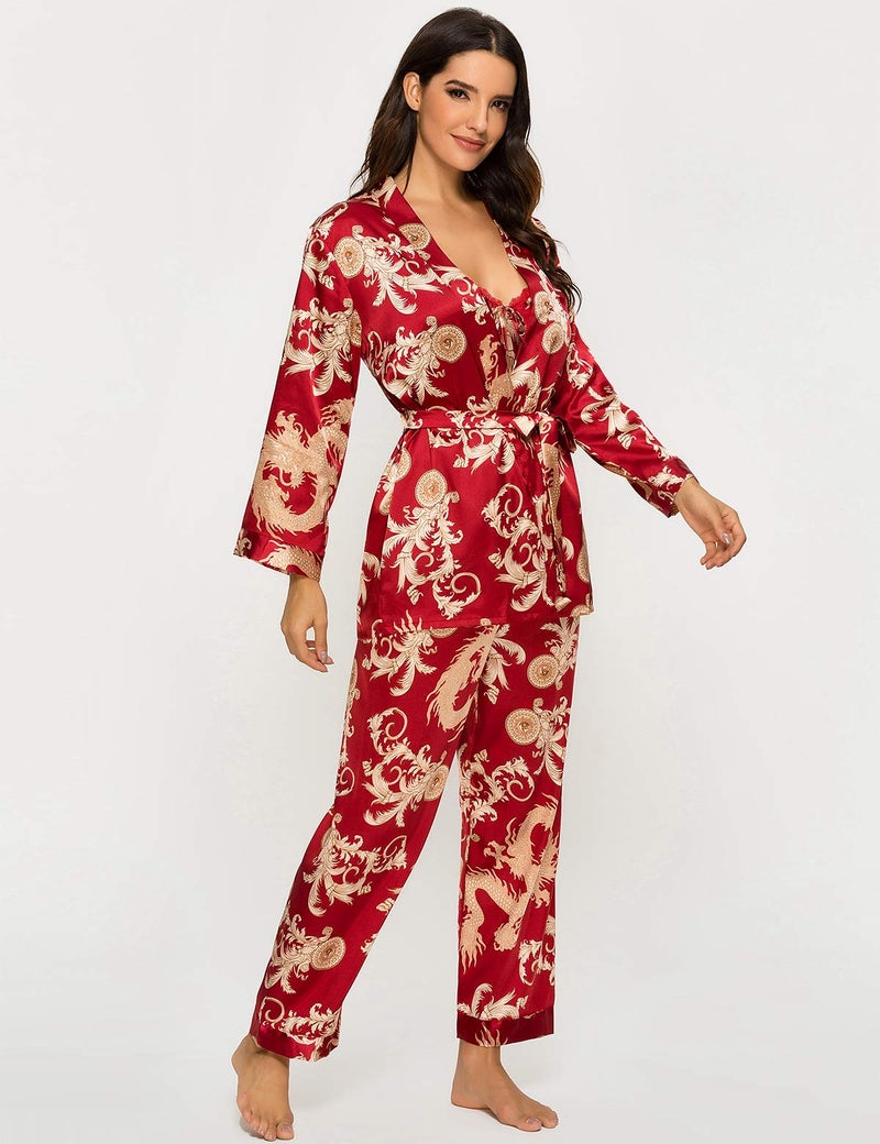 Escalier Women's Silk Satin Pajamas Set 3 Pcs Floral Silky Pj Sets Sleepwear Cami Nightwear with Robe and Pants Wine 2XL - Image 4